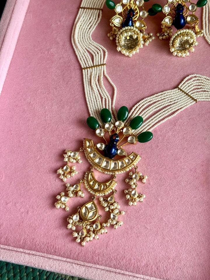 Peacock Kundan Polki and Green Onyx Pearl Mala Set
