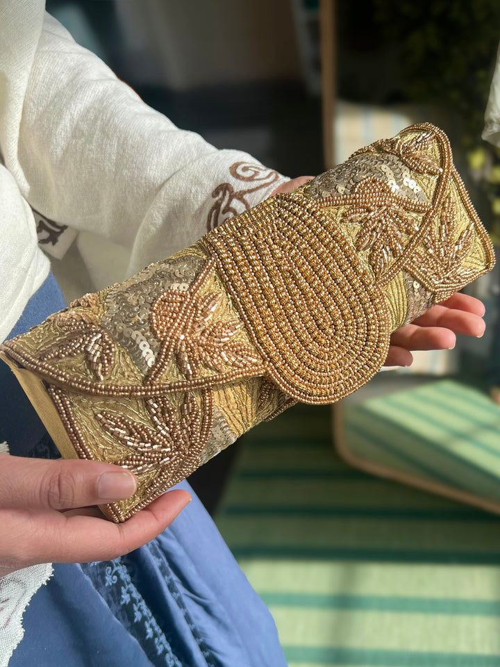 Handmade Gold Yellow Beaded Clutch & Sling Bag | Convertible Statement Purse | Detachable Chain