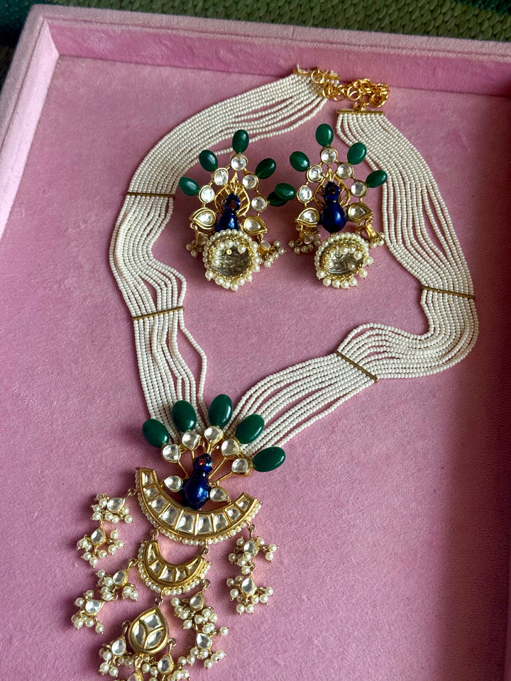Peacock Kundan Polki and Green Onyx Pearl Mala Set