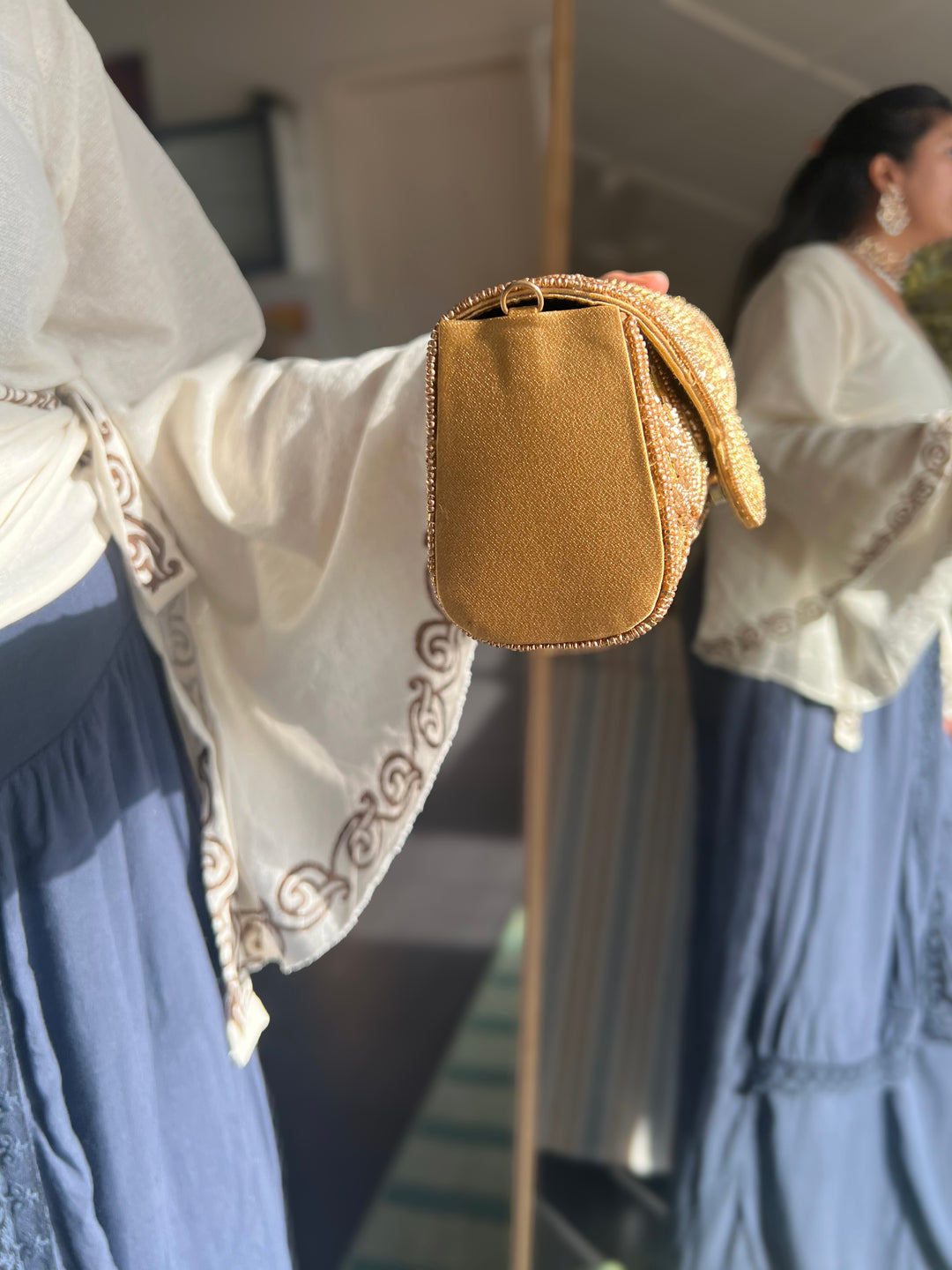 Handmade Gold Yellow Beaded Clutch & Sling Bag | Convertible Statement Purse | Detachable Chain