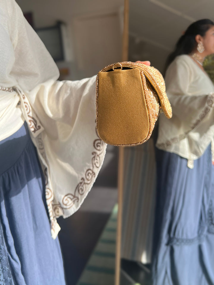 Handmade Gold Yellow Beaded Clutch & Sling Bag | Convertible Statement Purse | Detachable Chain