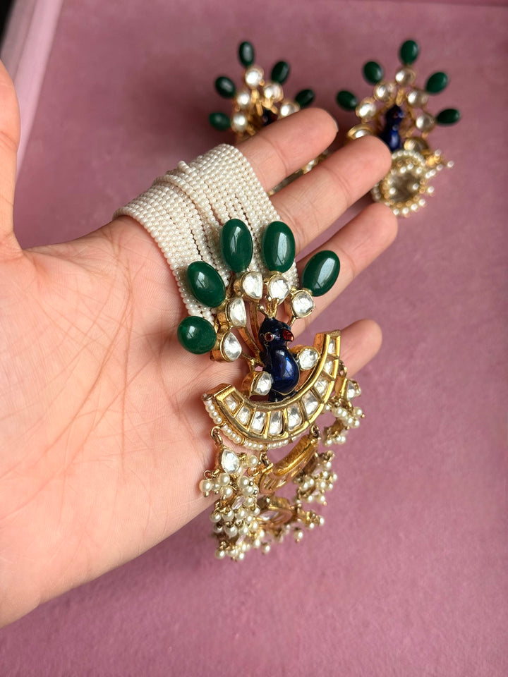 Peacock Kundan Polki and Green Onyx Pearl Mala Set