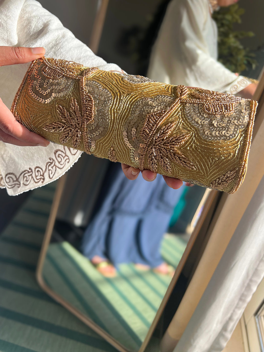 Handmade Gold Yellow Beaded Clutch & Sling Bag | Convertible Statement Purse | Detachable Chain