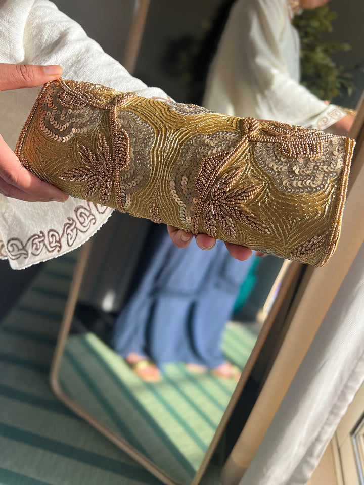 Handmade Gold Yellow Beaded Clutch & Sling Bag | Convertible Statement Purse | Detachable Chain