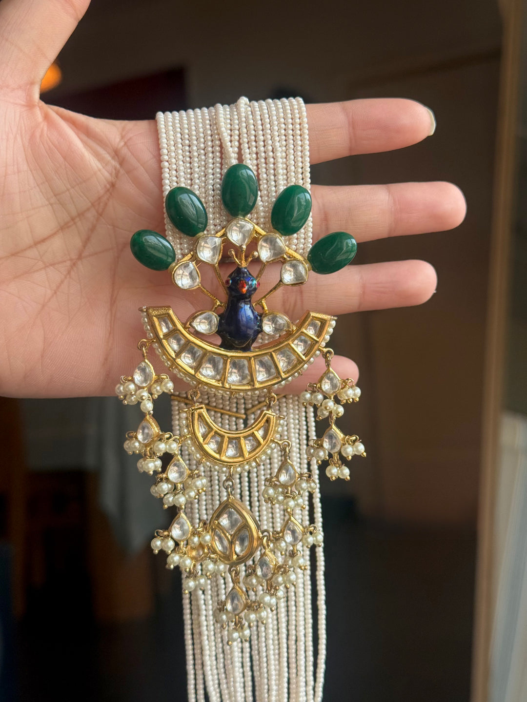 Peacock Kundan Polki and Green Onyx Pearl Mala Set