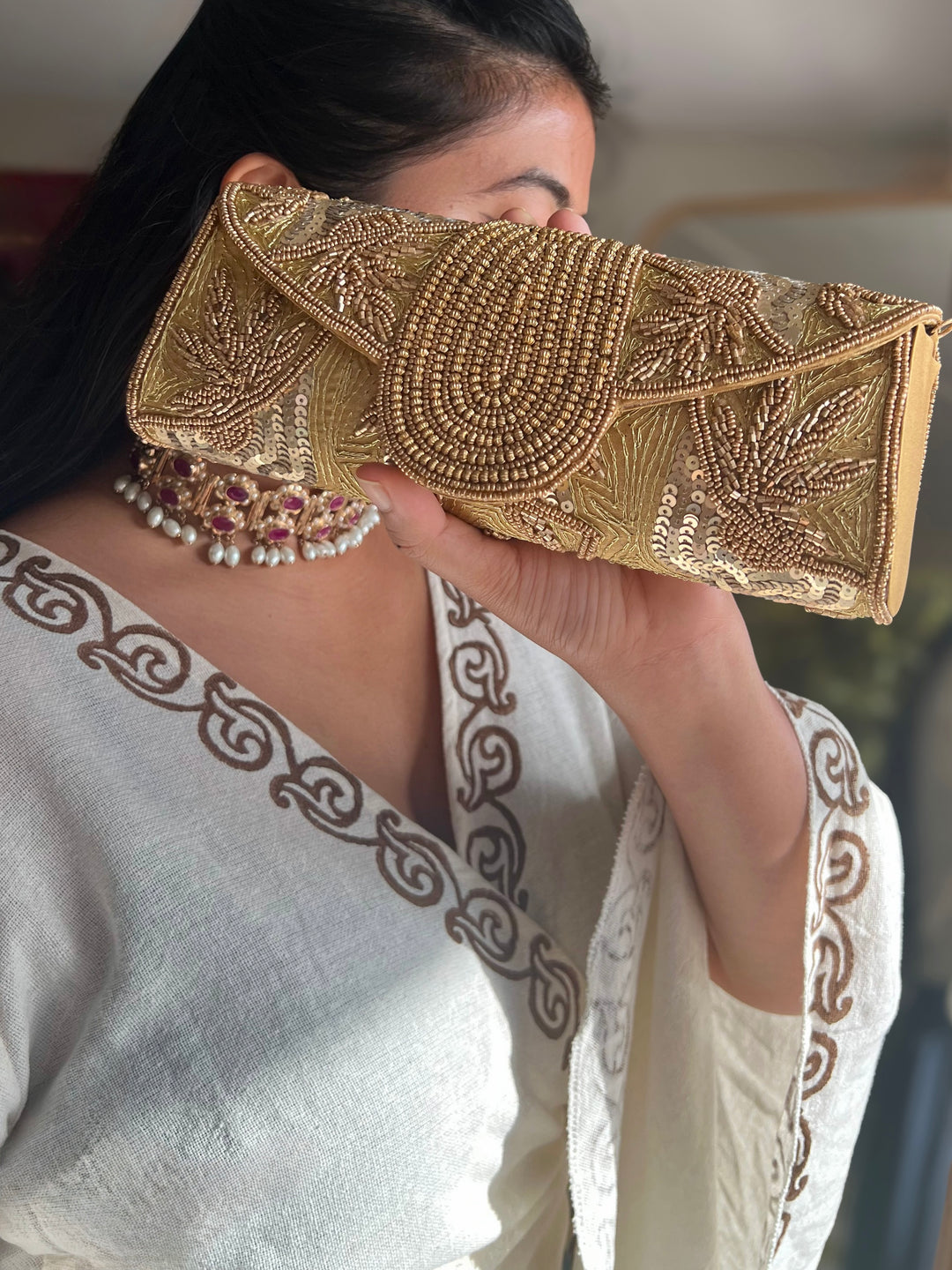 Handmade Gold Yellow Beaded Clutch & Sling Bag | Convertible Statement Purse | Detachable Chain