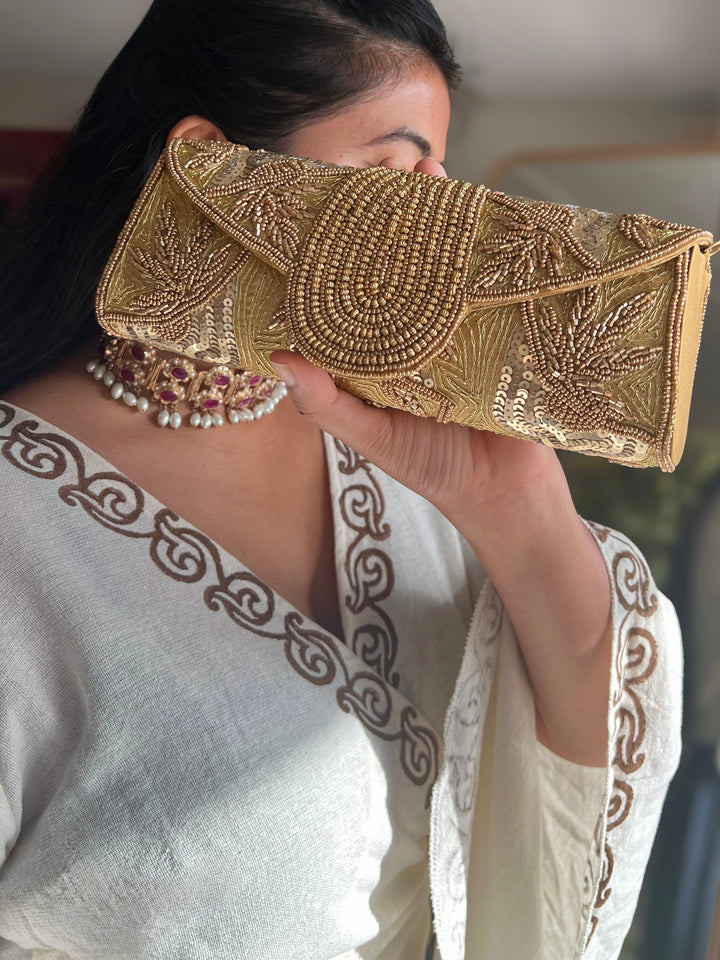 Handmade Gold Yellow Beaded Clutch & Sling Bag | Convertible Statement Purse | Detachable Chain
