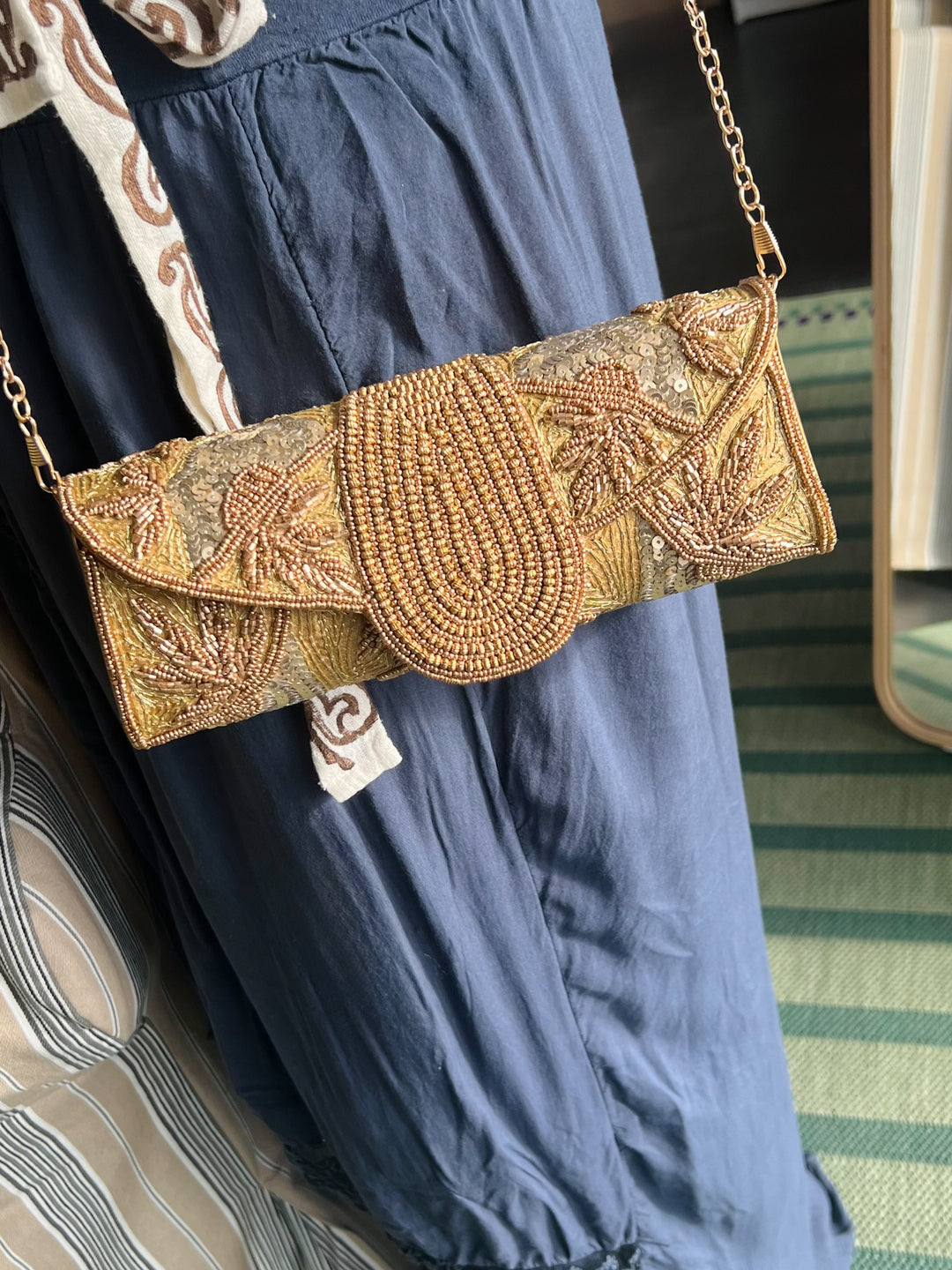 Handmade Gold Yellow Beaded Clutch & Sling Bag | Convertible Statement Purse | Detachable Chain