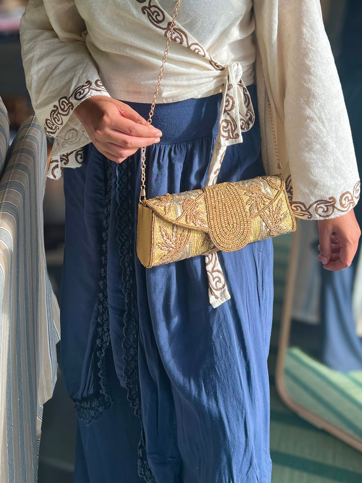 Handmade Gold Yellow Beaded Clutch & Sling Bag | Convertible Statement Purse | Detachable Chain