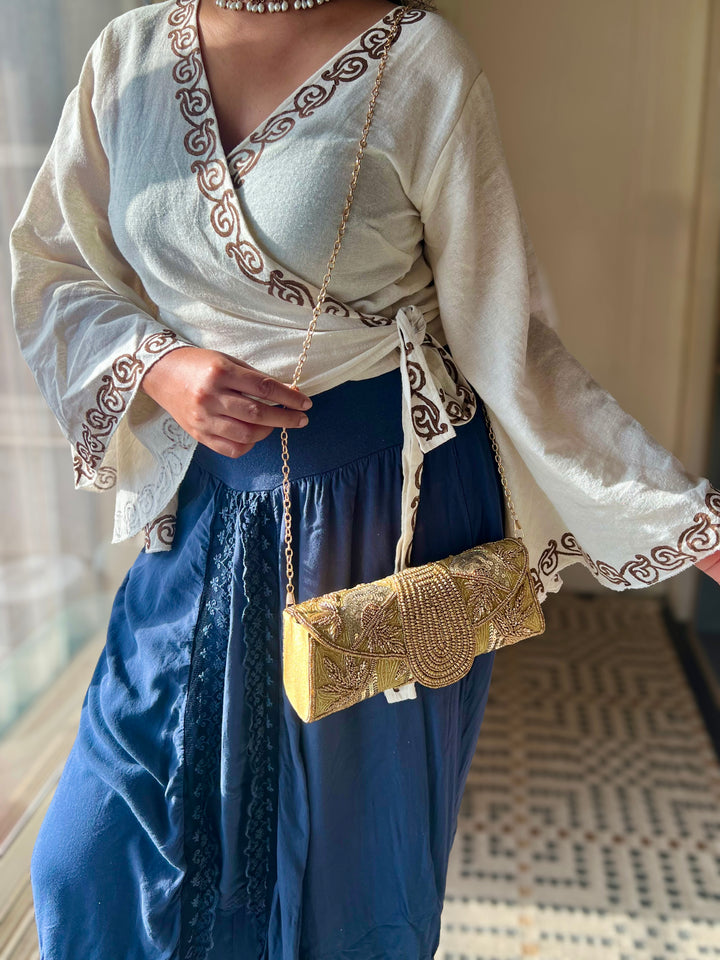 Handmade Gold Yellow Beaded Clutch & Sling Bag | Convertible Statement Purse | Detachable Chain
