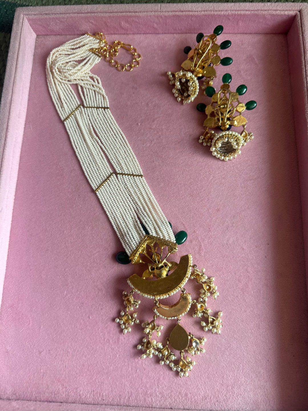 Peacock Kundan Polki and Green Onyx Pearl Mala Set
