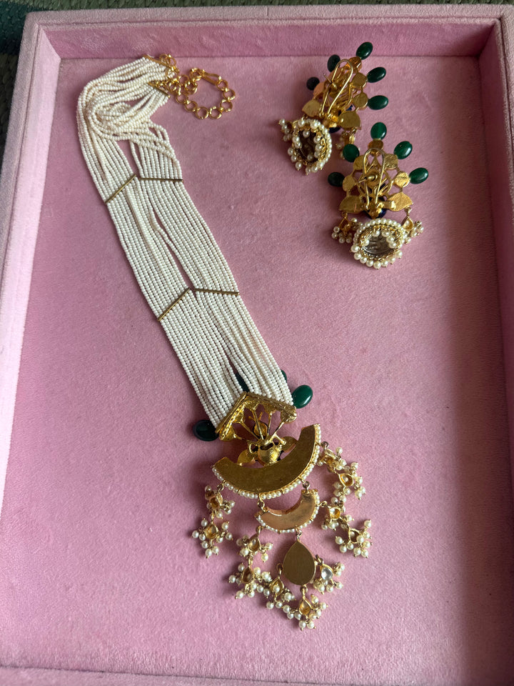 Peacock Kundan Polki and Green Onyx Pearl Mala Set