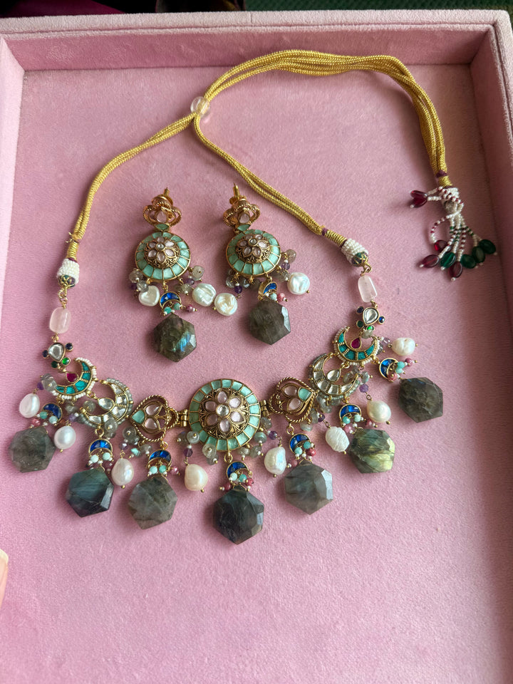 Gulzar Pastel Choker Set with Labradorite and Pearl Drops