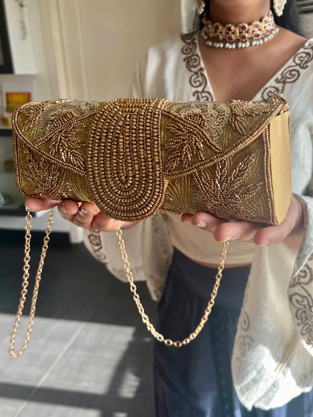 Handmade Gold Yellow Beaded Clutch & Sling Bag | Convertible Statement Purse | Detachable Chain