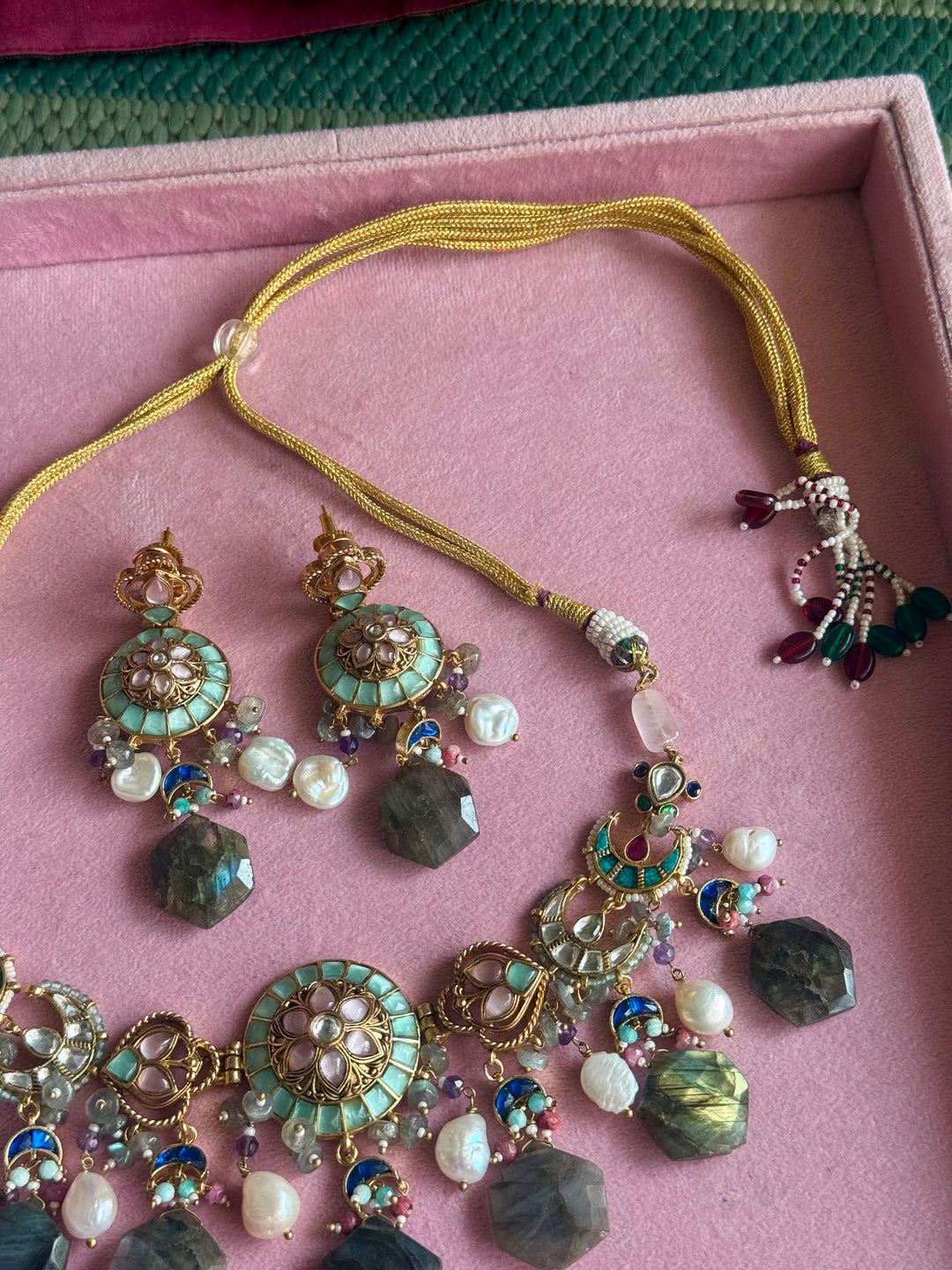 Gulzar Pastel Choker Set with Labradorite and Pearl Drops