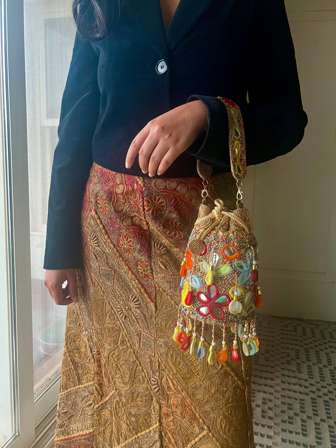 Handmade Colorful Mirror Work Potli Bag | Detachable Handle Evening Purse | Boho Statement Clutch