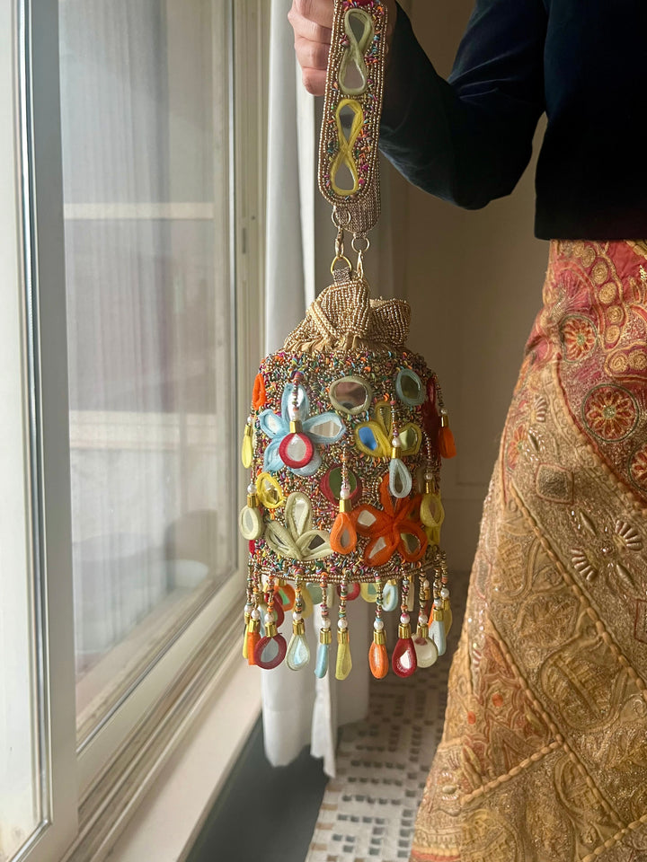 Handmade Colorful Mirror Work Potli Bag | Detachable Handle Evening Purse | Boho Statement Clutch