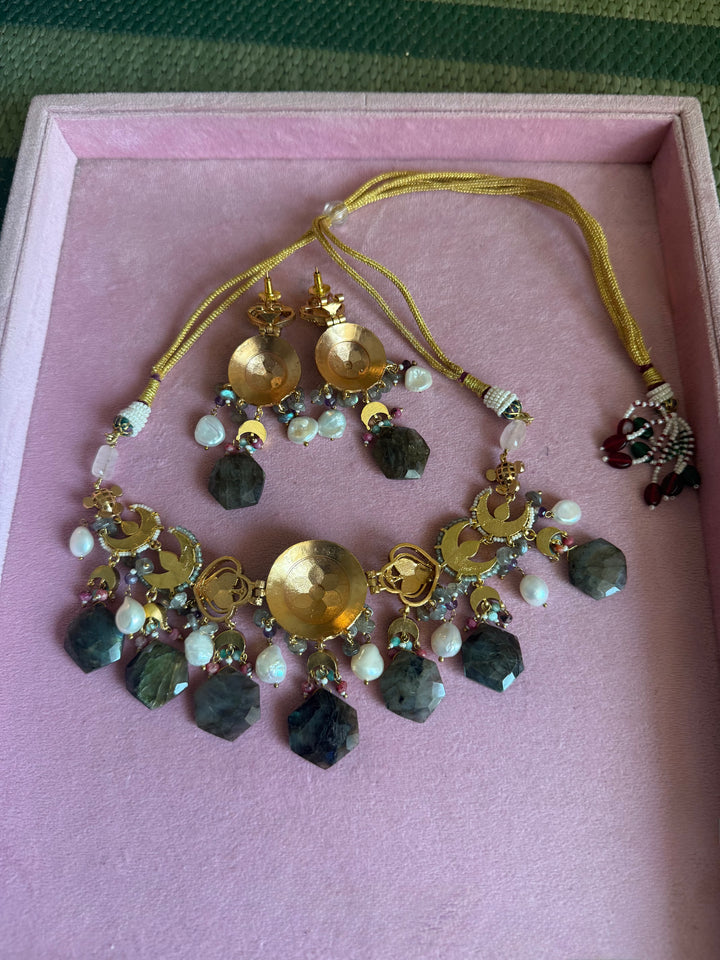 Gulzar Pastel Choker Set with Labradorite and Pearl Drops