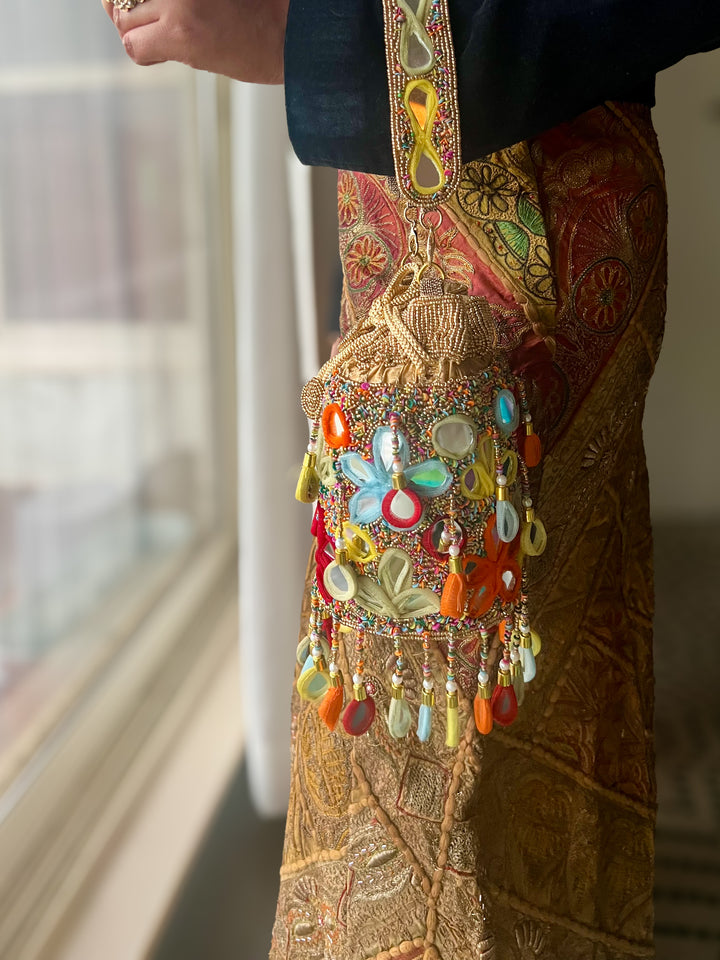 Handmade Colorful Mirror Work Potli Bag | Detachable Handle Evening Purse | Boho Statement Clutch