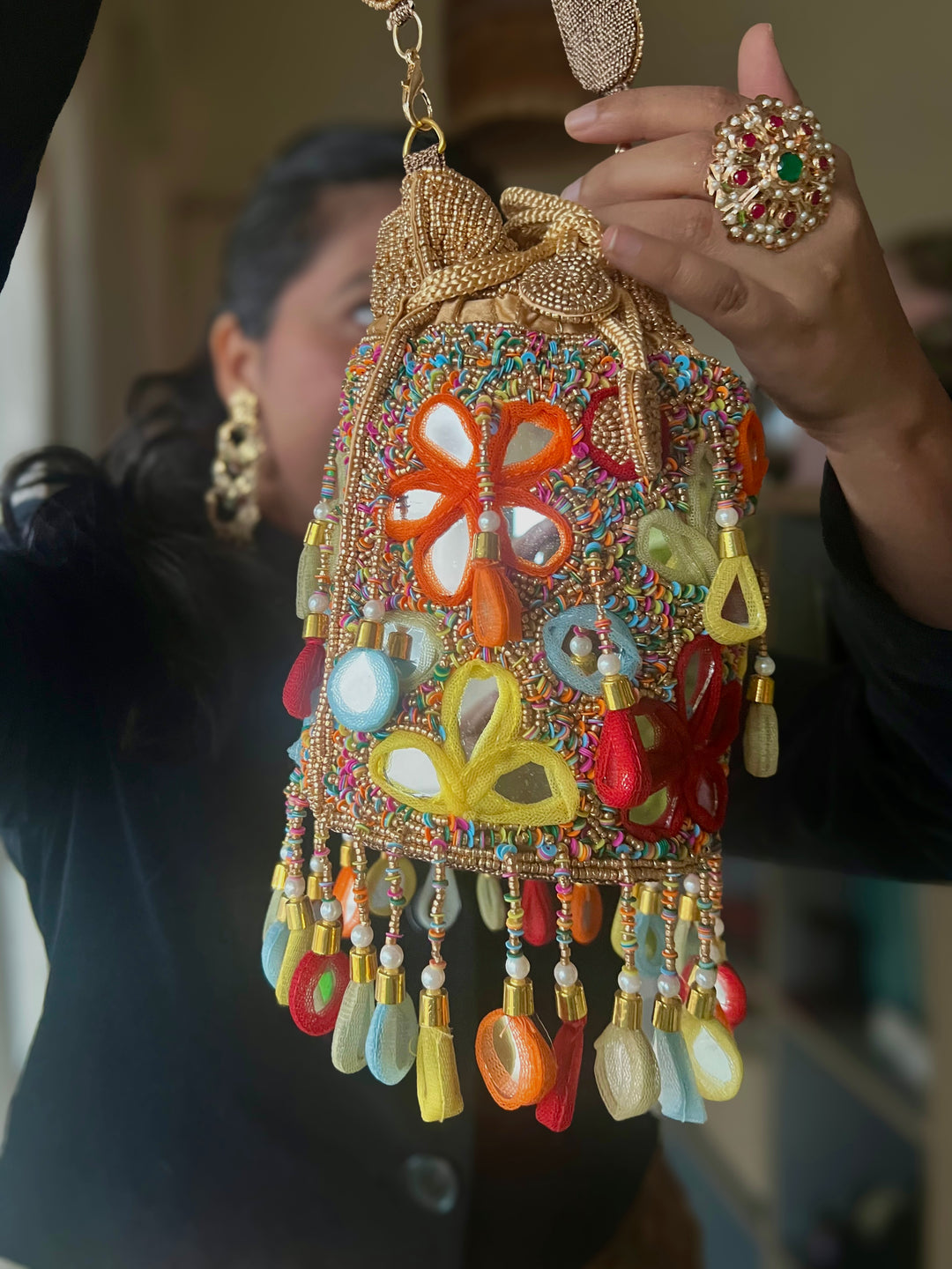 Handmade Colorful Mirror Work Potli Bag | Detachable Handle Evening Purse | Boho Statement Clutch