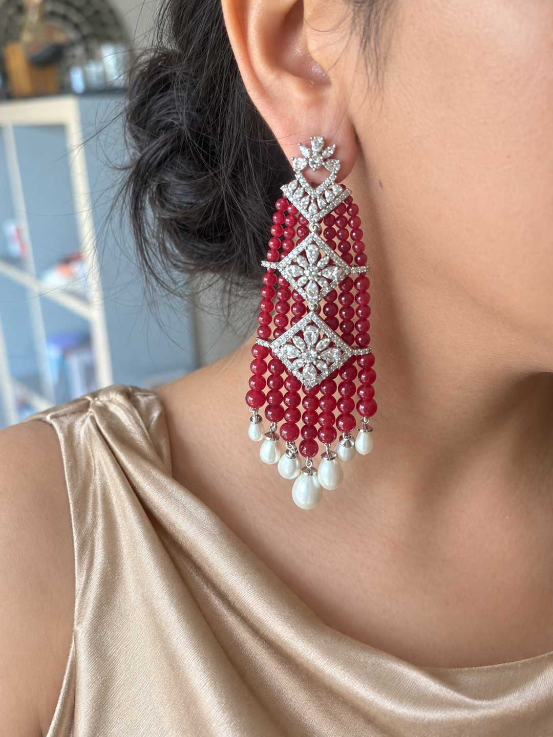 Red and Pearl Tassel Statement Earrings