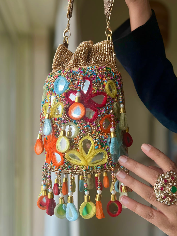 Handmade Colorful Mirror Work Potli Bag | Detachable Handle Evening Purse | Boho Statement Clutch