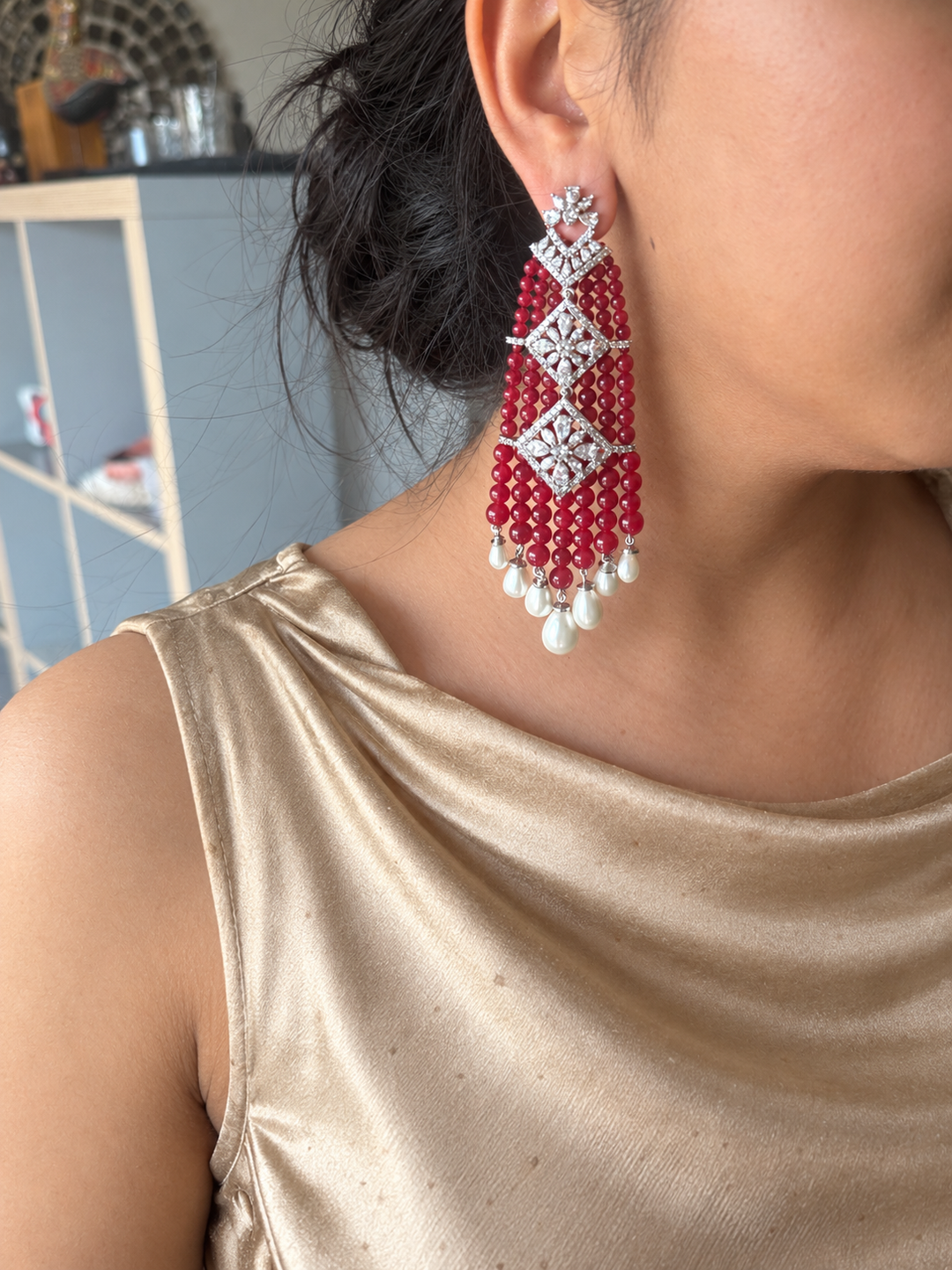 Red and Pearl Tassel Statement Earrings