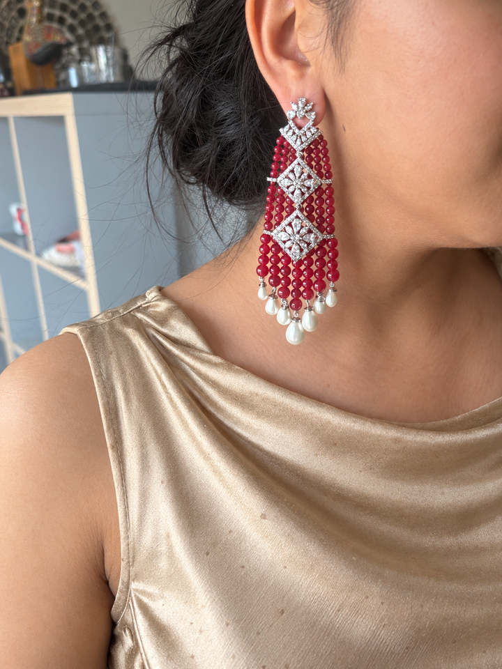 Red and Pearl Tassel Statement Earrings