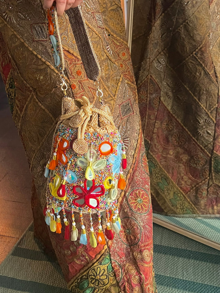 Handmade Colorful Mirror Work Potli Bag | Detachable Handle Evening Purse | Boho Statement Clutch