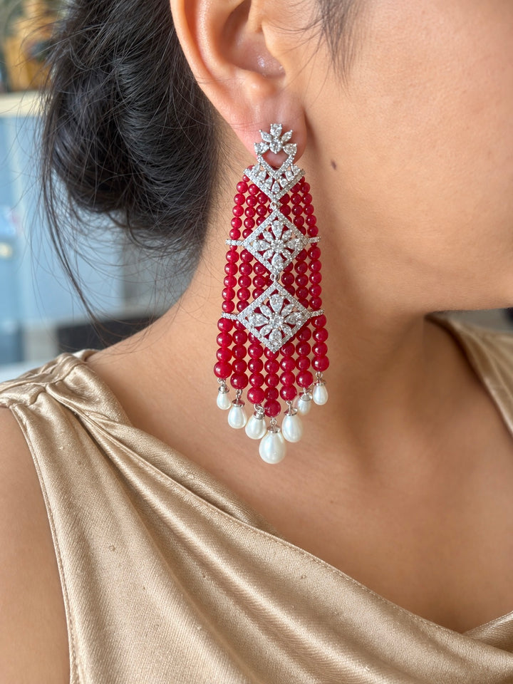 Red and Pearl Tassel Statement Earrings
