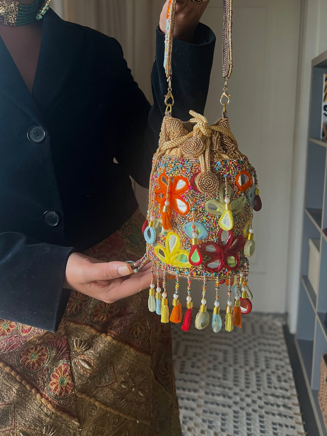 Handmade Colorful Mirror Work Potli Bag | Detachable Handle Evening Purse | Boho Statement Clutch