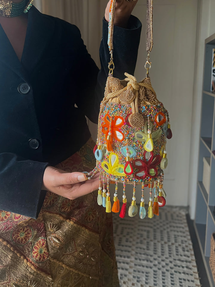 Handmade Colorful Mirror Work Potli Bag | Detachable Handle Evening Purse | Boho Statement Clutch