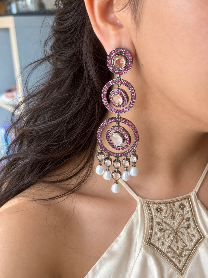 Peach Doublet and Pearl Three Tier Earrings