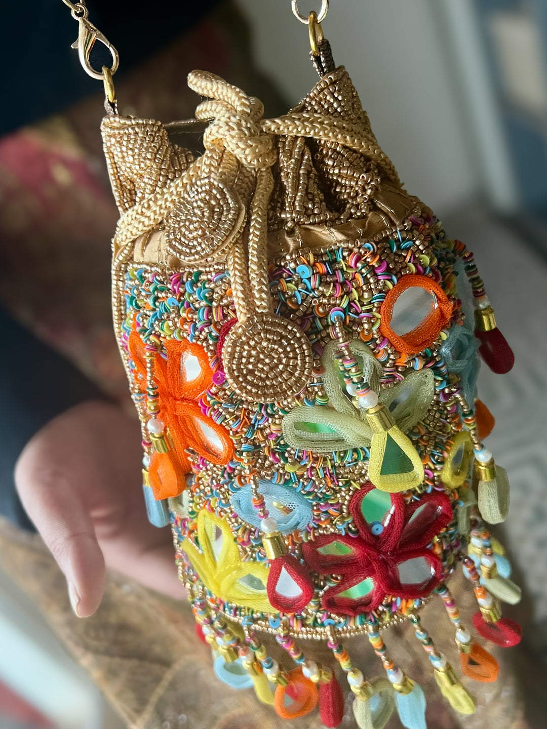Handmade Colorful Mirror Work Potli Bag | Detachable Handle Evening Purse | Boho Statement Clutch