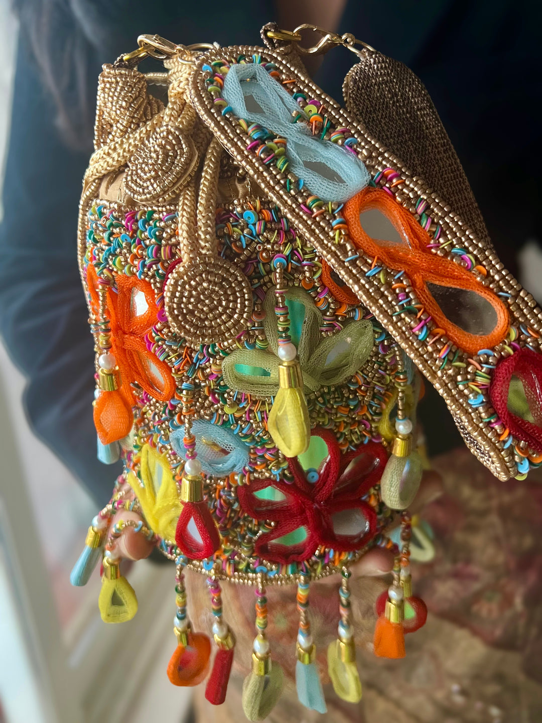 Handmade Colorful Mirror Work Potli Bag | Detachable Handle Evening Purse | Boho Statement Clutch