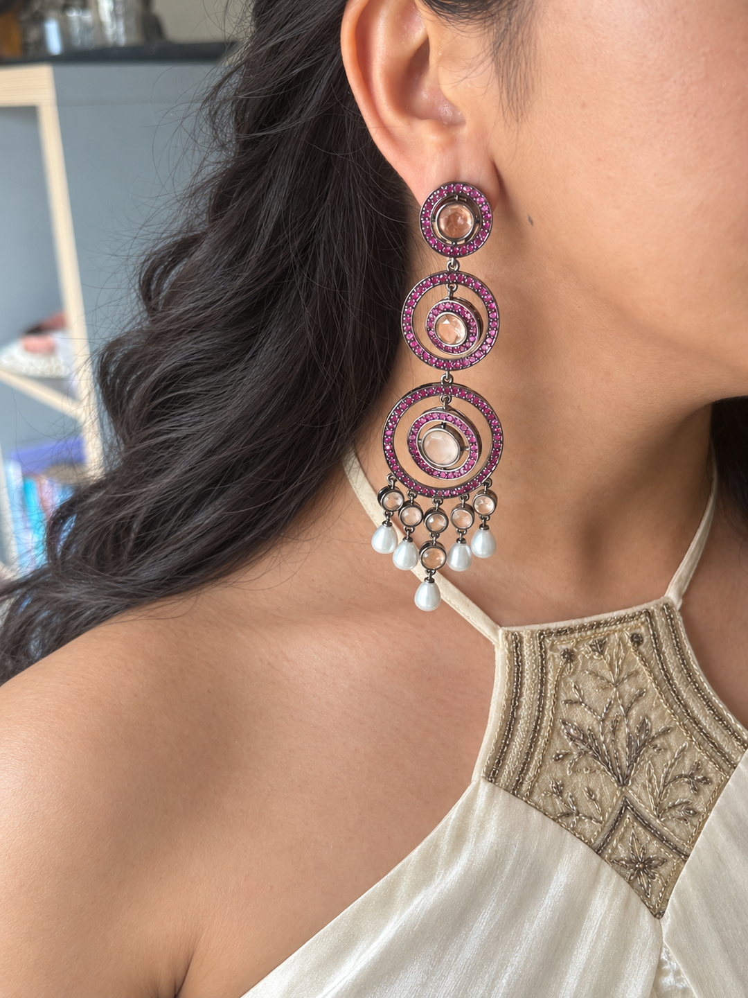 Peach Doublet and Pearl Three Tier Earrings
