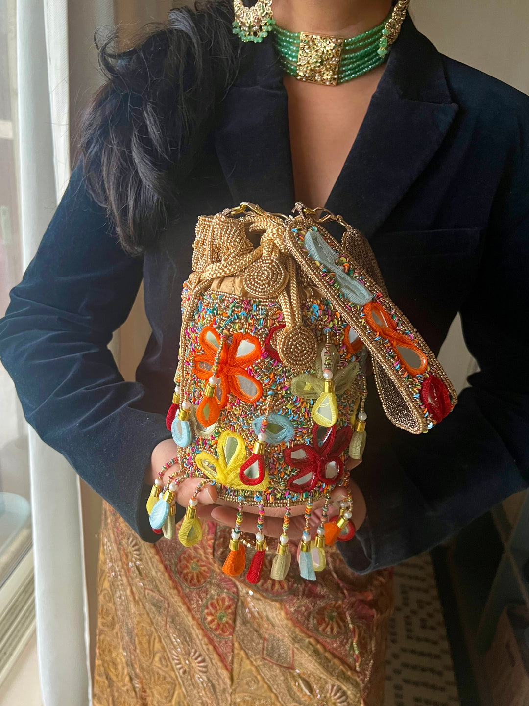 Handmade Colorful Mirror Work Potli Bag | Detachable Handle Evening Purse | Boho Statement Clutch