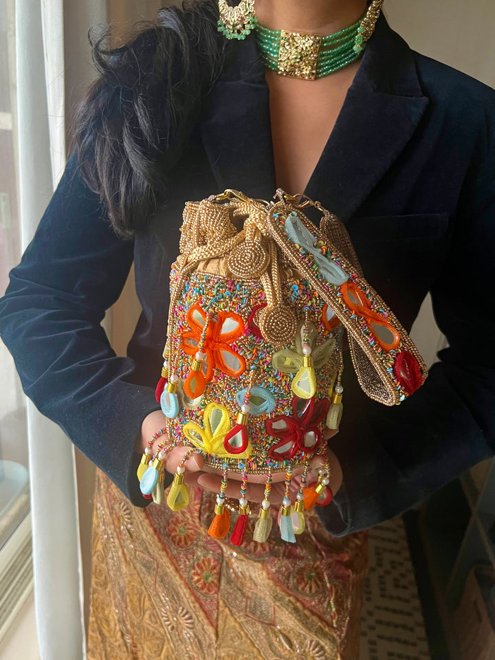 Handmade Colorful Mirror Work Potli Bag | Detachable Handle Evening Purse | Boho Statement Clutch