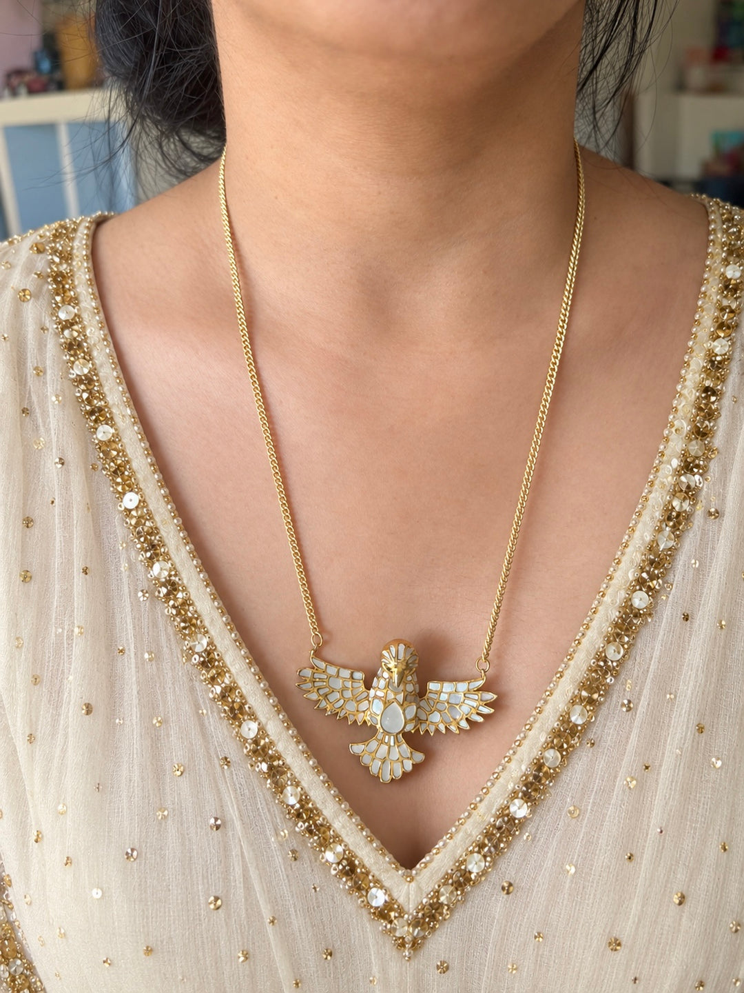 Mother of Pearl Falcon Pendant Necklace
