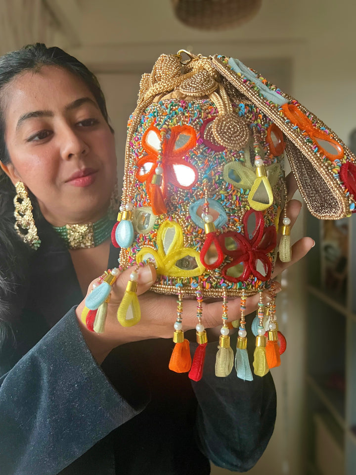 Handmade Colorful Mirror Work Potli Bag | Detachable Handle Evening Purse | Boho Statement Clutch