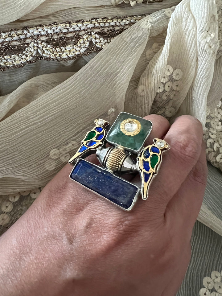 Statement Kundan 925 Silver Ring with Natural Stone & Bird Embellishments - Handmade, One of a Kind