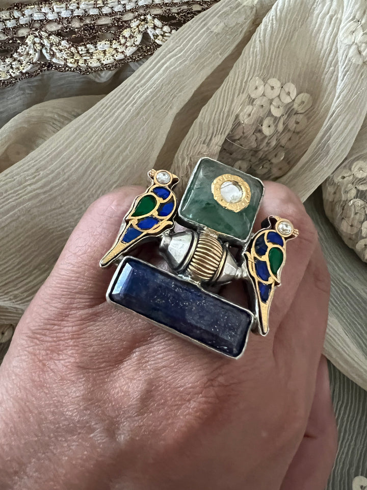 Statement Kundan 925 Silver Ring with Natural Stone & Bird Embellishments - Handmade, One of a Kind