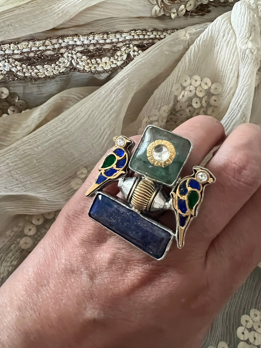 Statement Kundan 925 Silver Ring with Natural Stone & Bird Embellishments - Handmade, One of a Kind