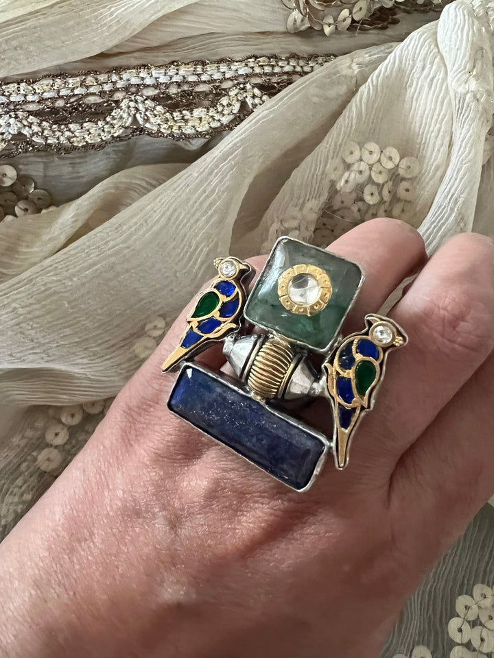 Statement Kundan 925 Silver Ring with Natural Stone & Bird Embellishments - Handmade, One of a Kind