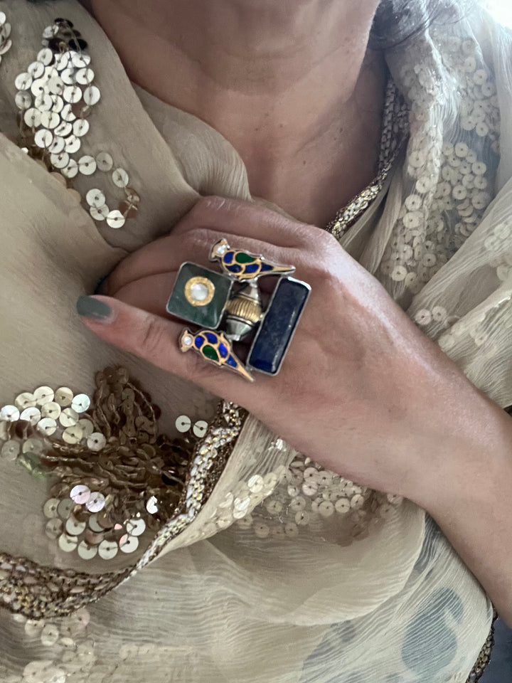 Statement Kundan 925 Silver Ring with Natural Stone & Bird Embellishments - Handmade, One of a Kind