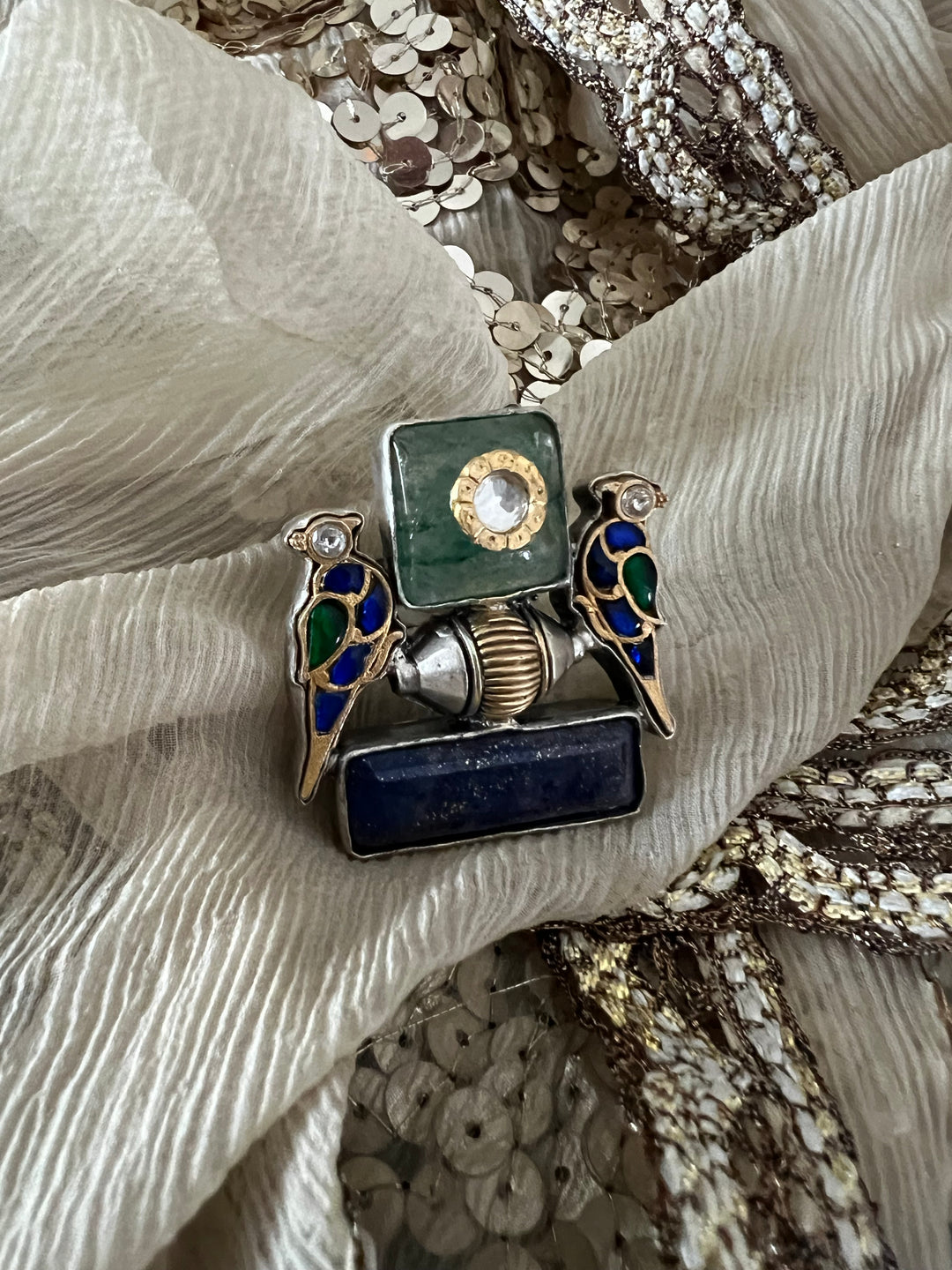 Statement Kundan 925 Silver Ring with Natural Stone & Bird Embellishments - Handmade, One of a Kind