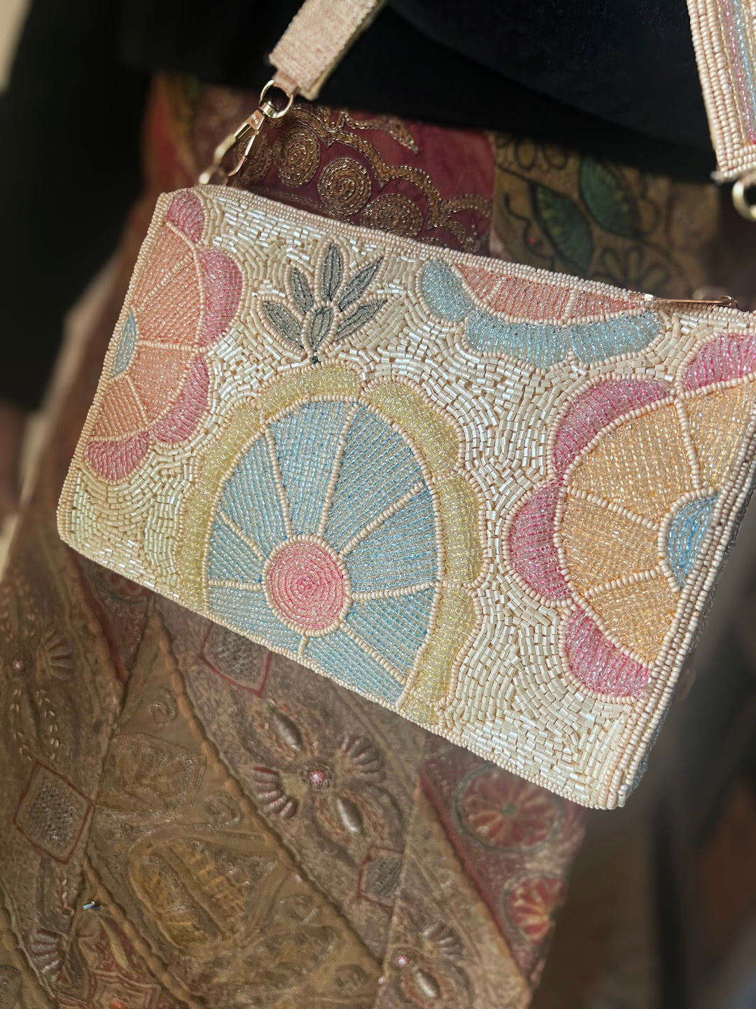 Handmade Pink Sky Blue & Ivory Beaded Purse | Elegant Embroidered Clutch | Detachable Strap