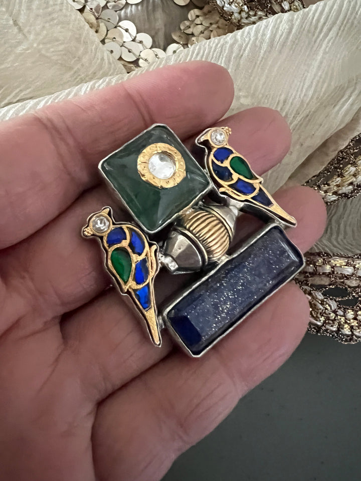 Statement Kundan 925 Silver Ring with Natural Stone & Bird Embellishments - Handmade, One of a Kind