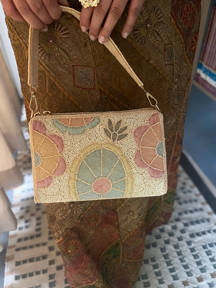 Handmade Pink Sky Blue & Ivory Beaded Purse | Elegant Embroidered Clutch | Detachable Strap