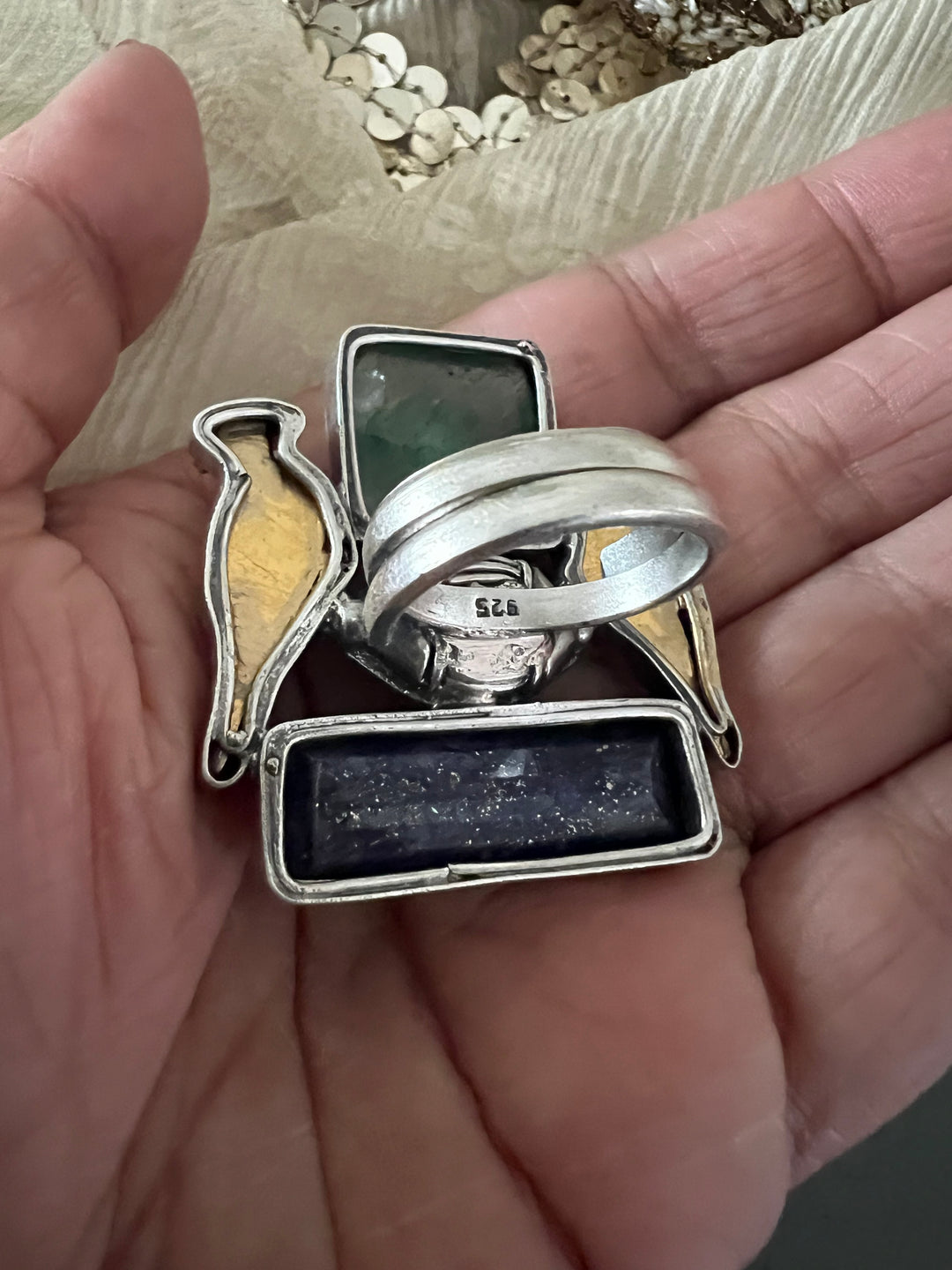 Statement Kundan 925 Silver Ring with Natural Stone & Bird Embellishments - Handmade, One of a Kind